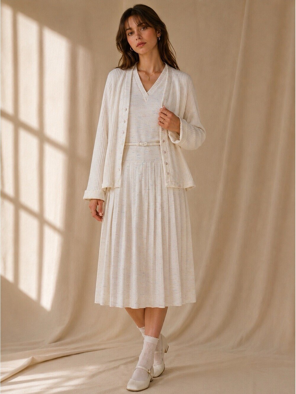 Vintage Paula Brooks Pleated dress With Belt And Cardigan Size 12 Runs Smaller